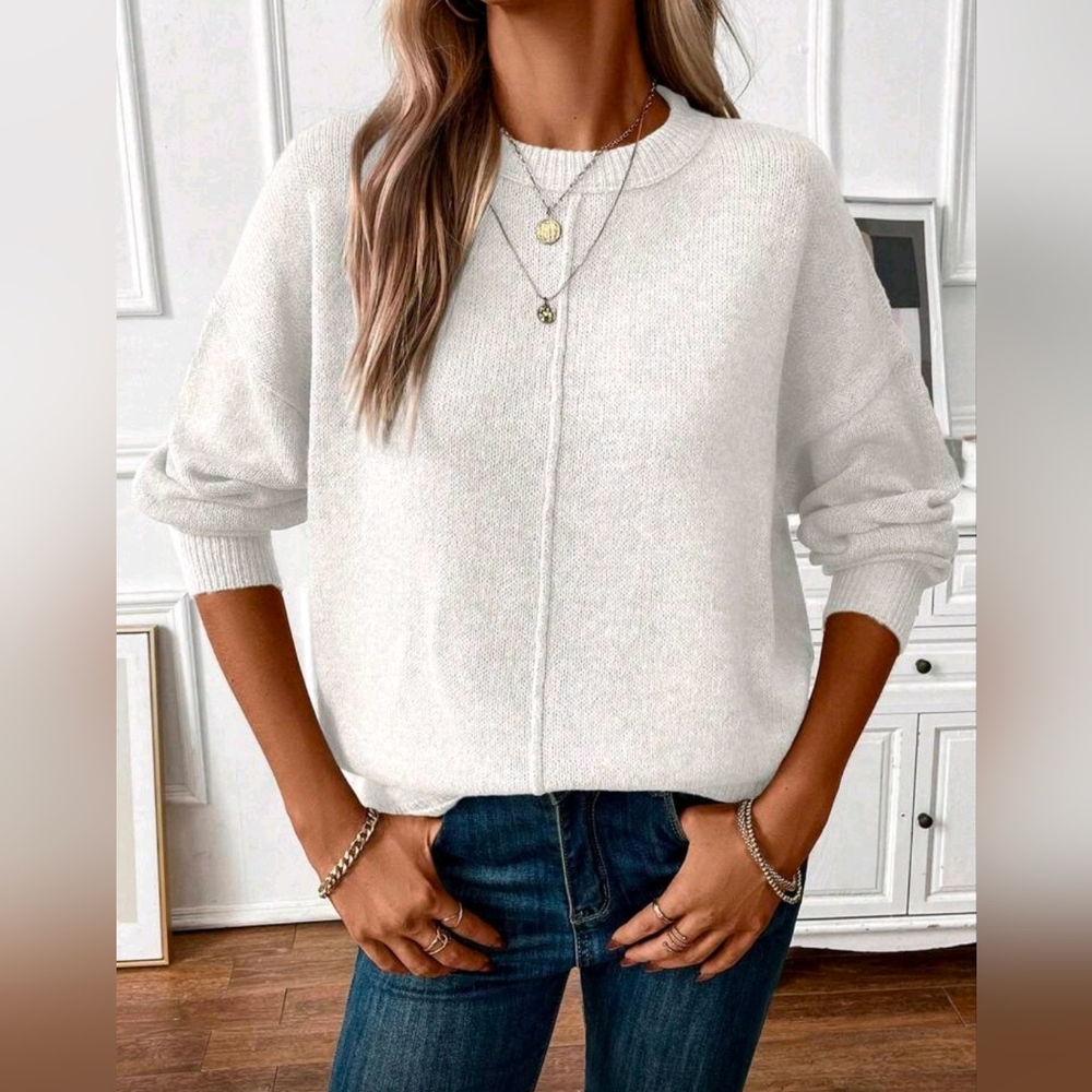 New Oversized Seamed Knit Sweater Top Pullover White